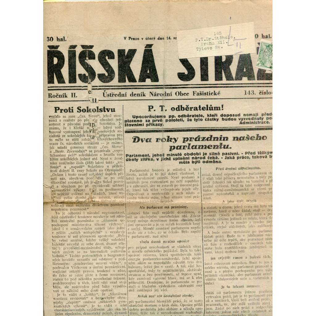 Říšská stráž (14.8.1928) Ústřední deník Národní obce fašistické (staré noviny, fašisté, 1. republika)