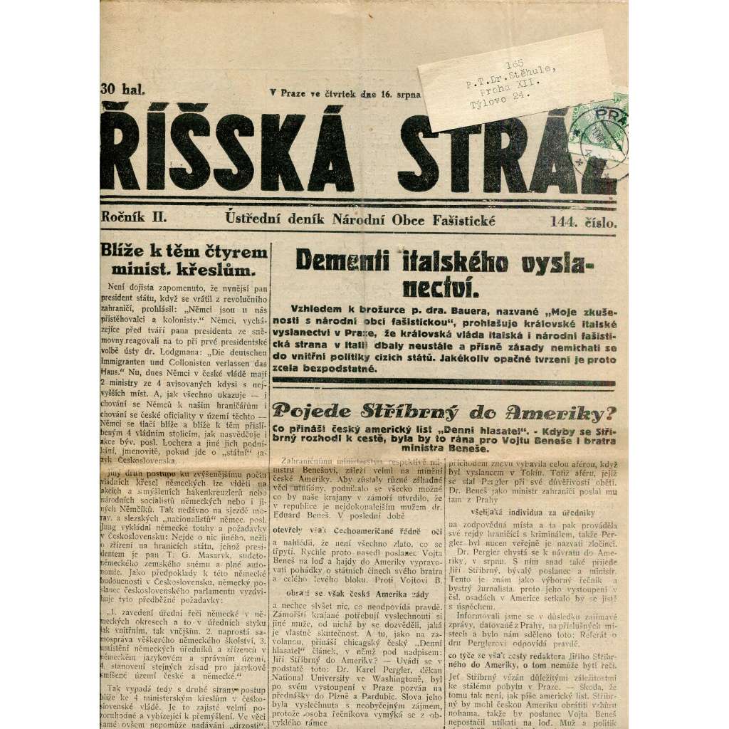 Říšská stráž (16.8.1928) Ústřední deník Národní obce fašistické (staré noviny, fašisté, 1. republika)