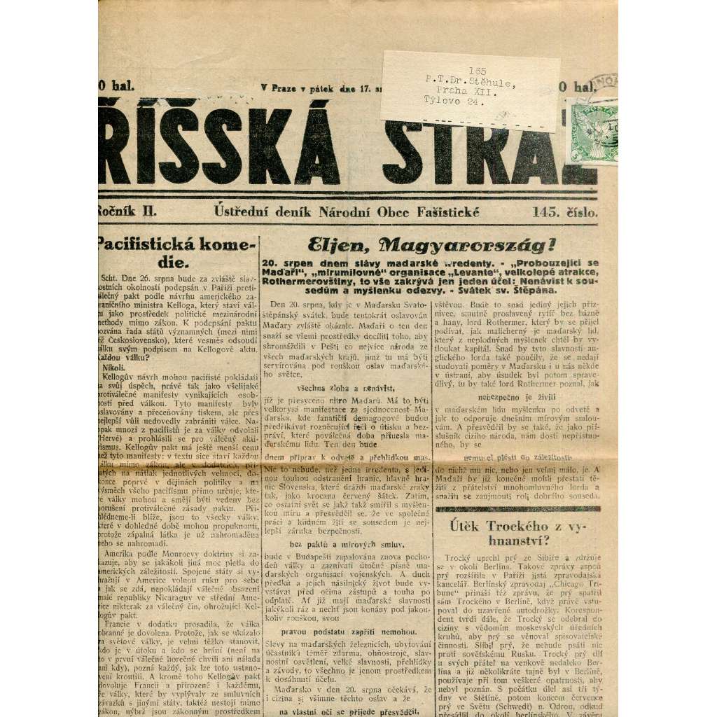 Říšská stráž (17.8.1928) Ústřední deník Národní obce fašistické (staré noviny, fašisté, 1. republika)