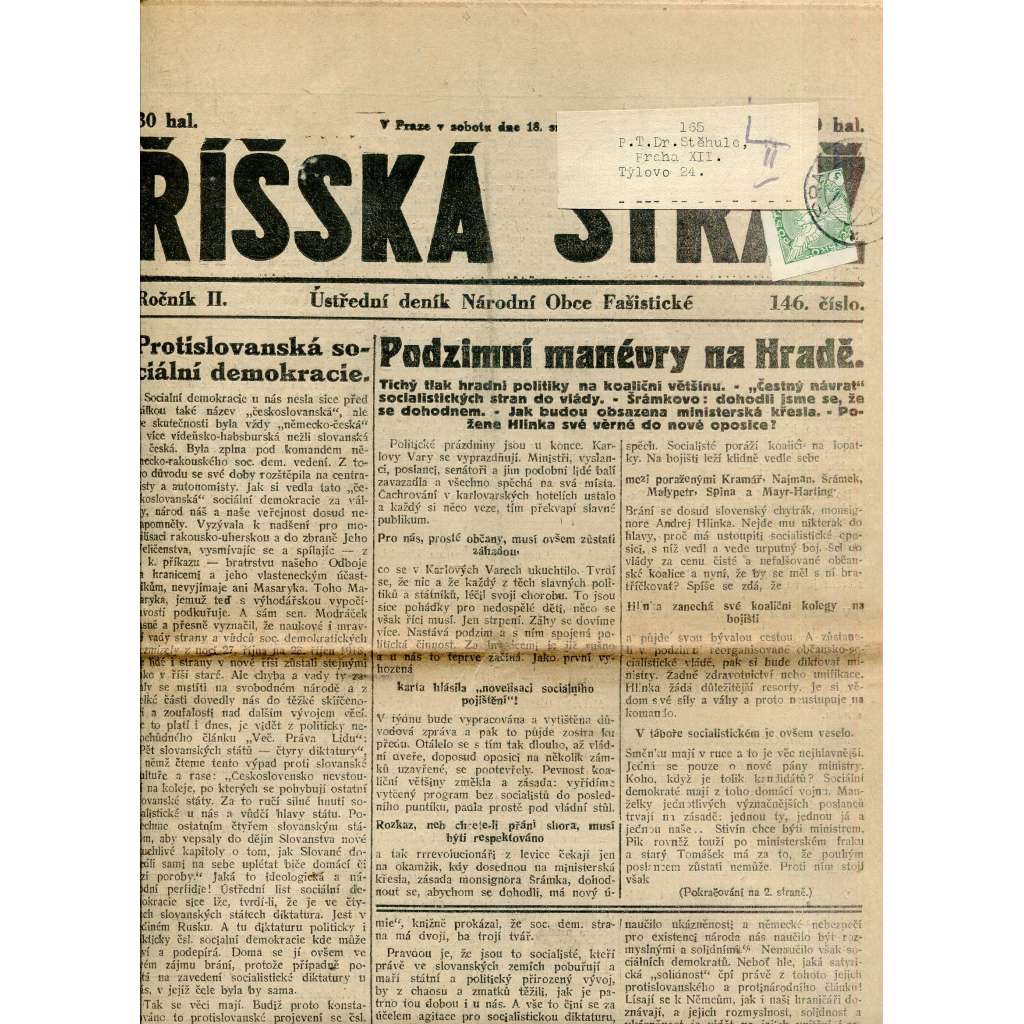 Říšská stráž (18.8.1928) Ústřední deník Národní obce fašistické (staré noviny, fašisté, 1. republika)