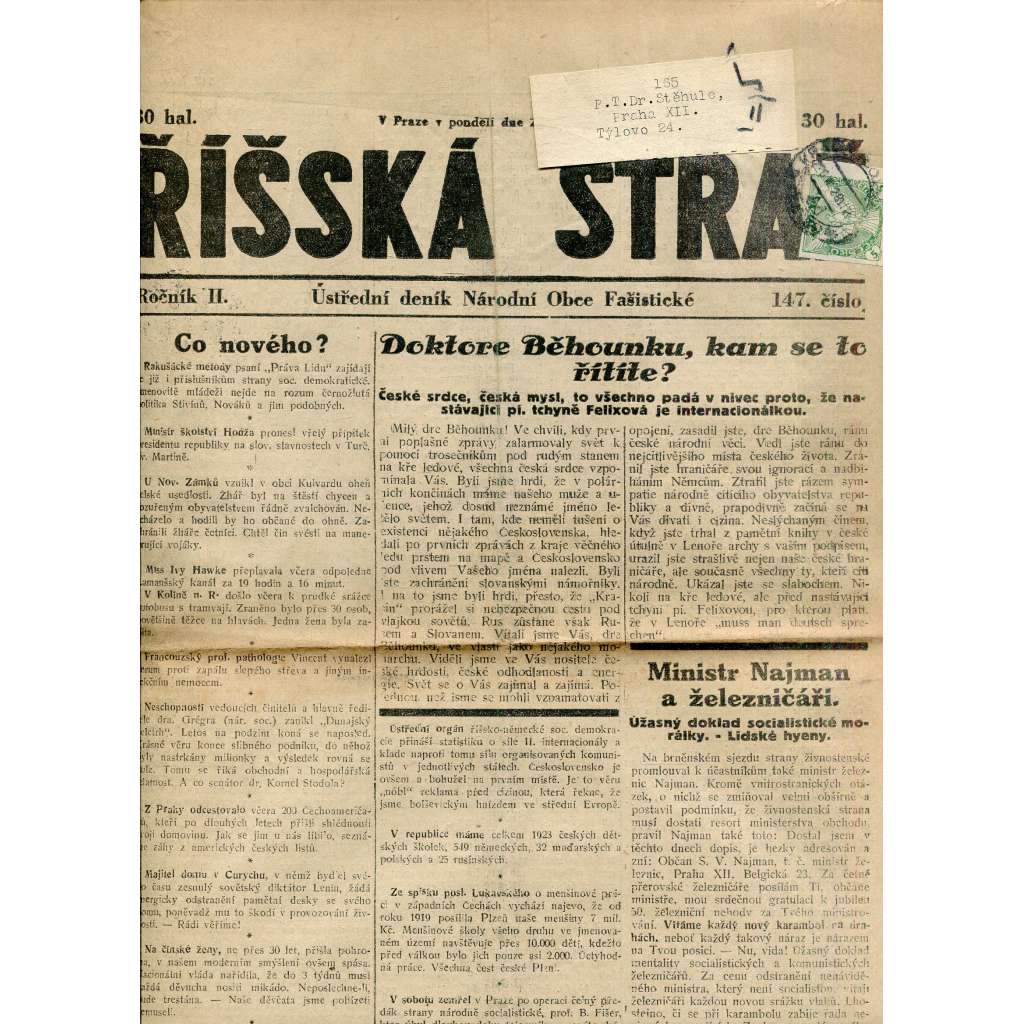 Říšská stráž (20.8.1928) Ústřední deník Národní obce fašistické (staré noviny, fašisté, 1. republika)