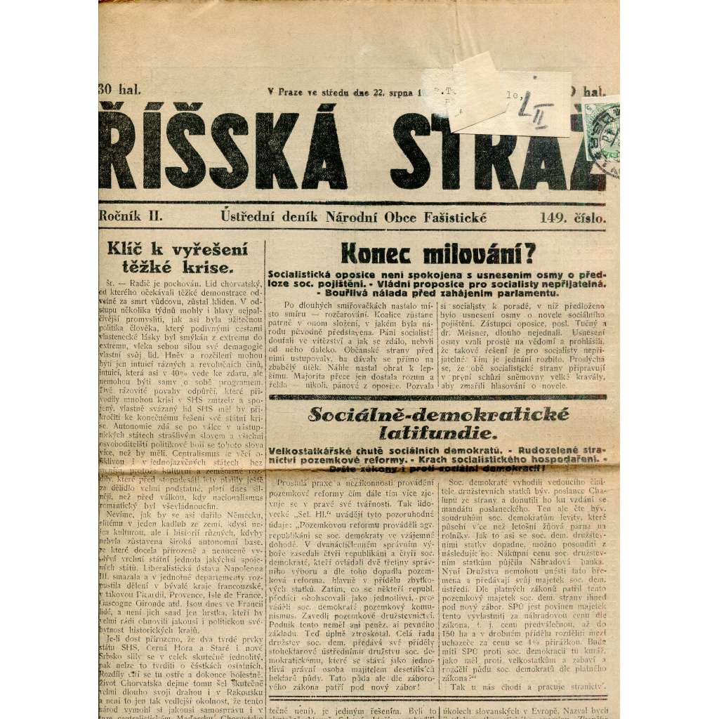 Říšská stráž (22.8.1928) Ústřední deník Národní obce fašistické (staré noviny, fašisté, 1. republika)