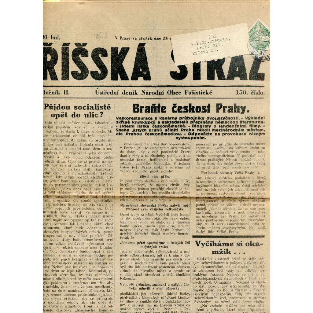 Říšská stráž (23.8.1928) Ústřední deník Národní obce fašistické (staré noviny, fašisté, 1. republika)