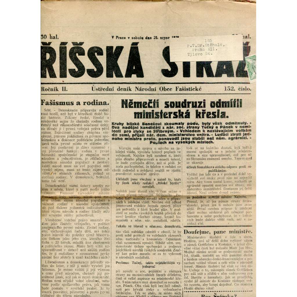 Říšská stráž (25.8.1928) Ústřední deník Národní obce fašistické (staré noviny, fašisté, 1. republika)