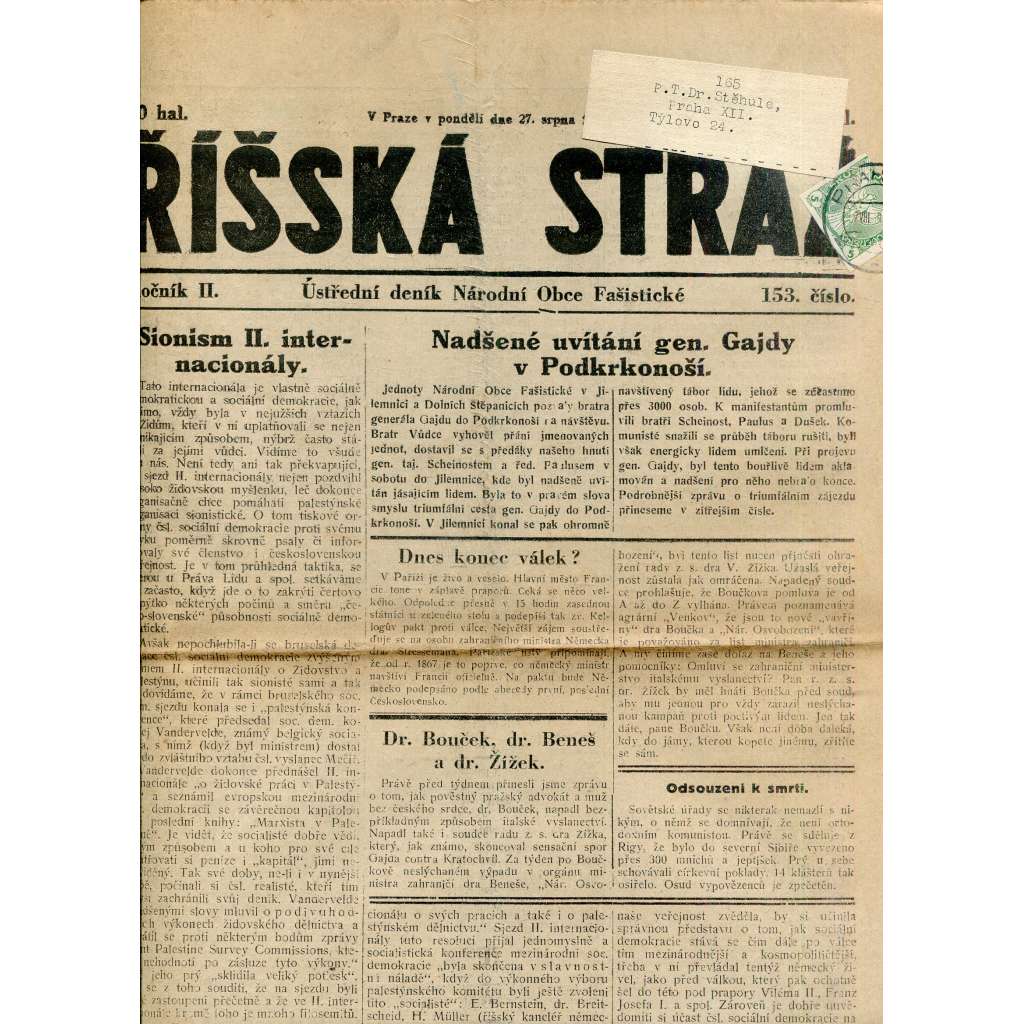 Říšská stráž (27.8.1928) Ústřední deník Národní obce fašistické (staré noviny, fašisté, 1. republika)
