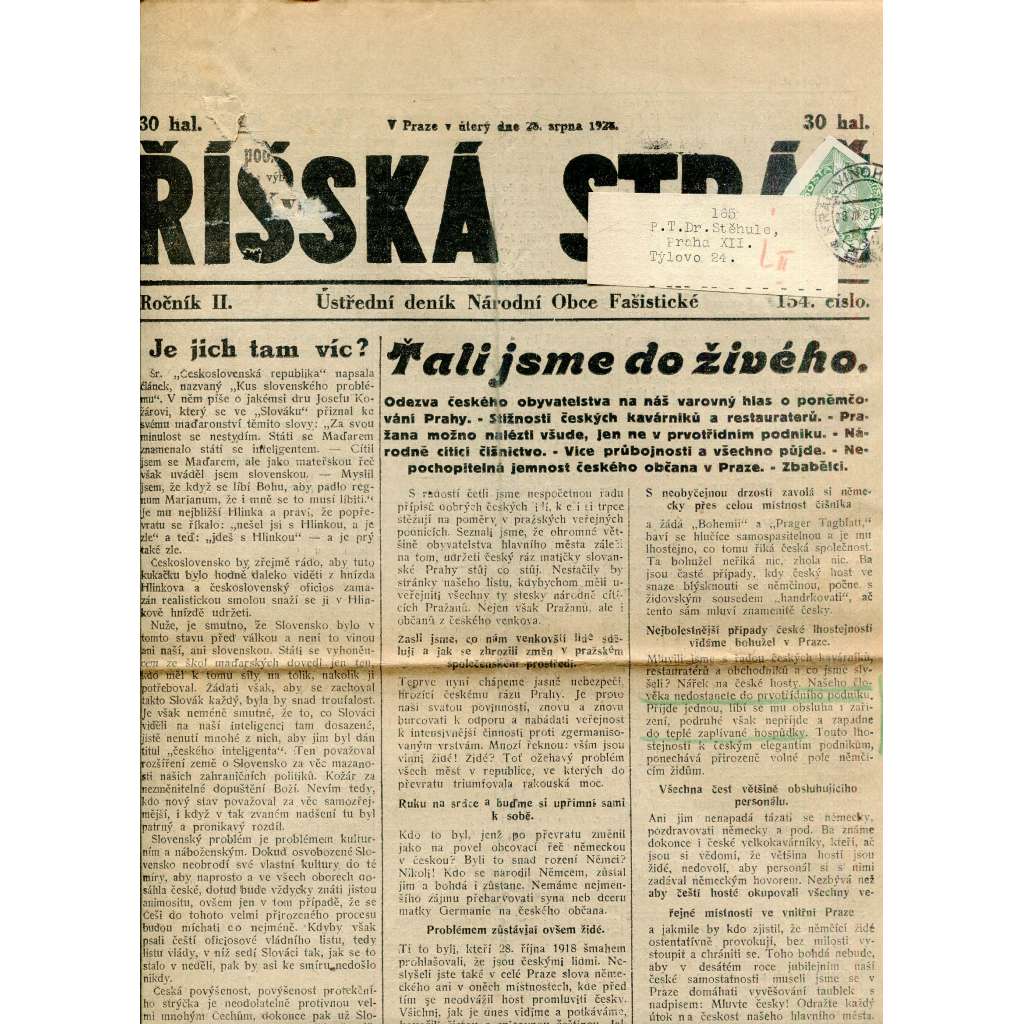 Říšská stráž (28.8.1928) Ústřední deník Národní obce fašistické (staré noviny, fašisté, 1. republika)