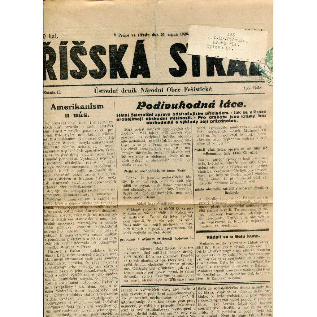 Říšská stráž (29.8.1928) Ústřední deník Národní obce fašistické (staré noviny, fašisté, 1. republika)