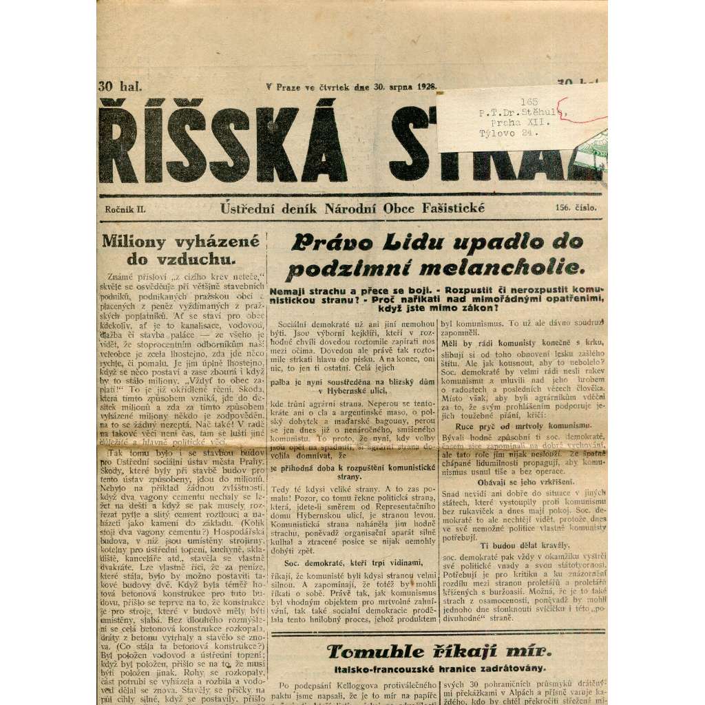 Říšská stráž (30.8.1928) Ústřední deník Národní obce fašistické (staré noviny, fašisté, 1. republika)