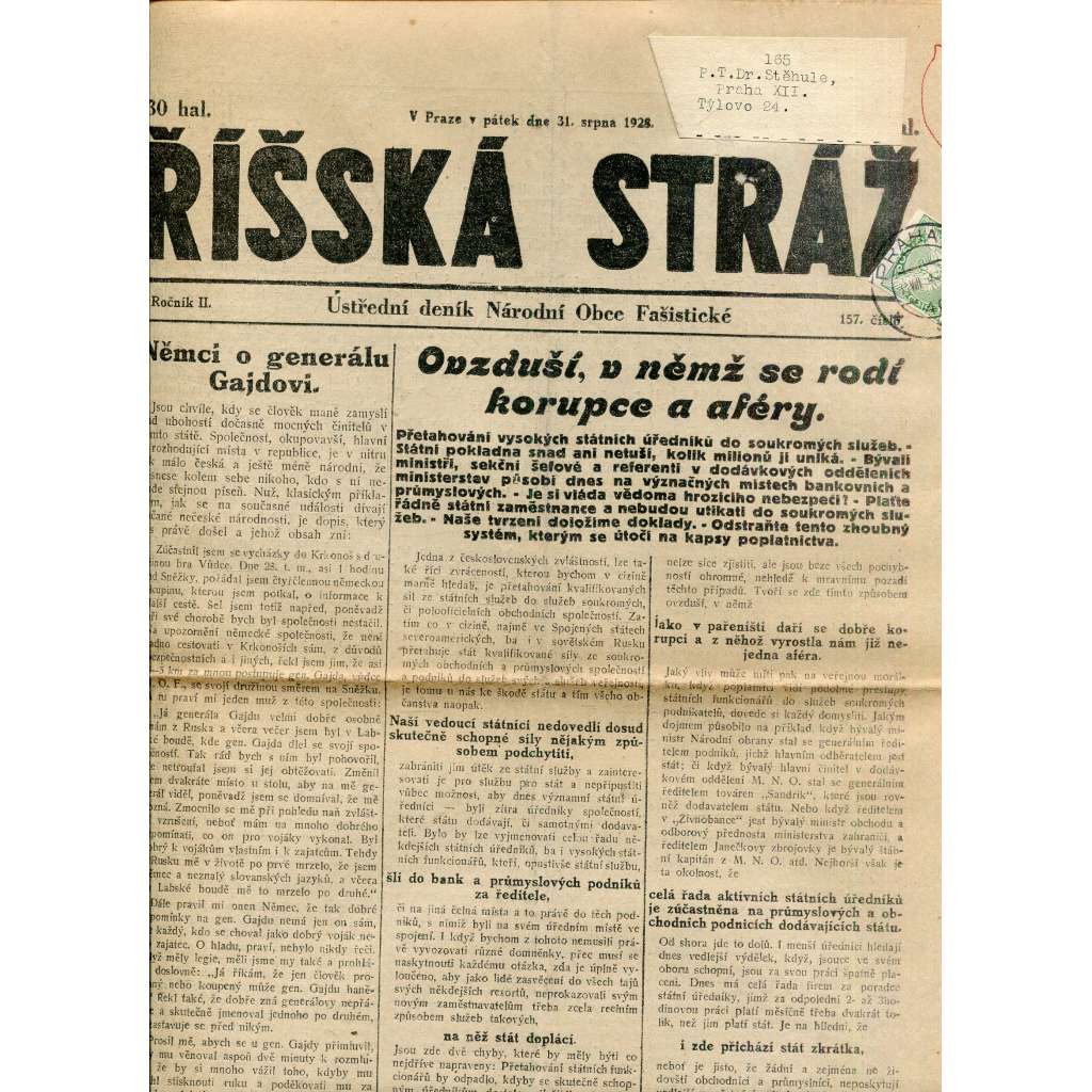 Říšská stráž (31.8.1928) Ústřední deník Národní obce fašistické (staré noviny, fašisté, 1. republika)