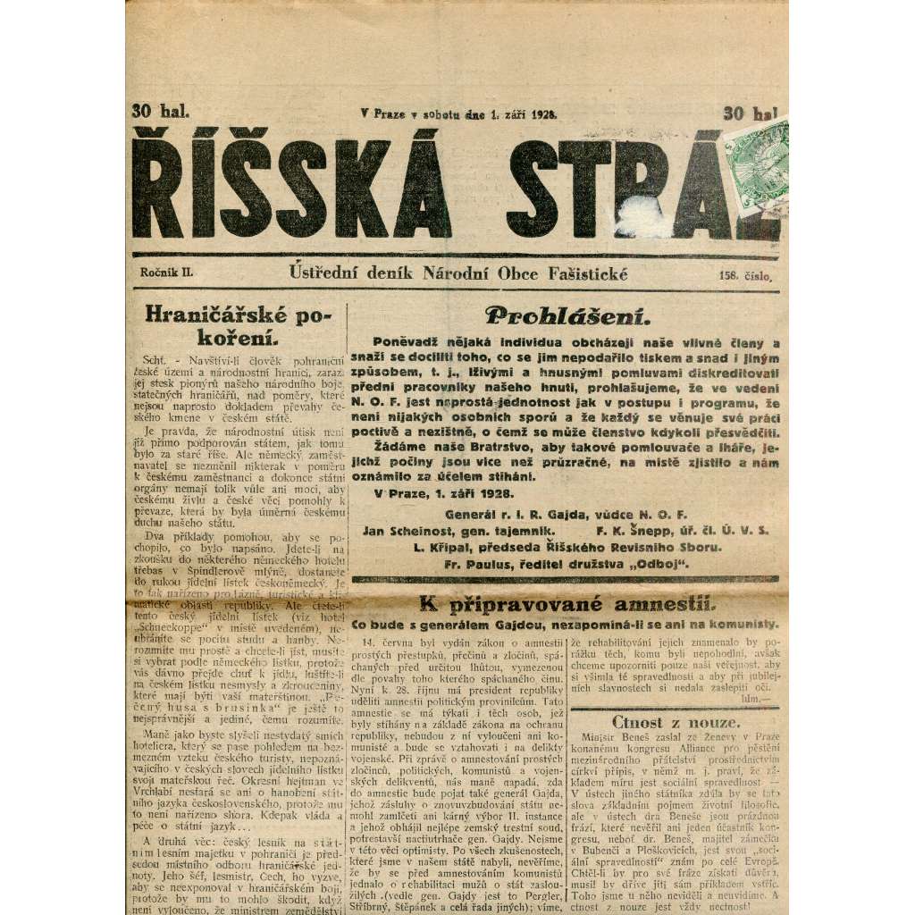 Říšská stráž (1.9.1928) Ústřední deník Národní obce fašistické (staré noviny, fašisté, 1. republika)