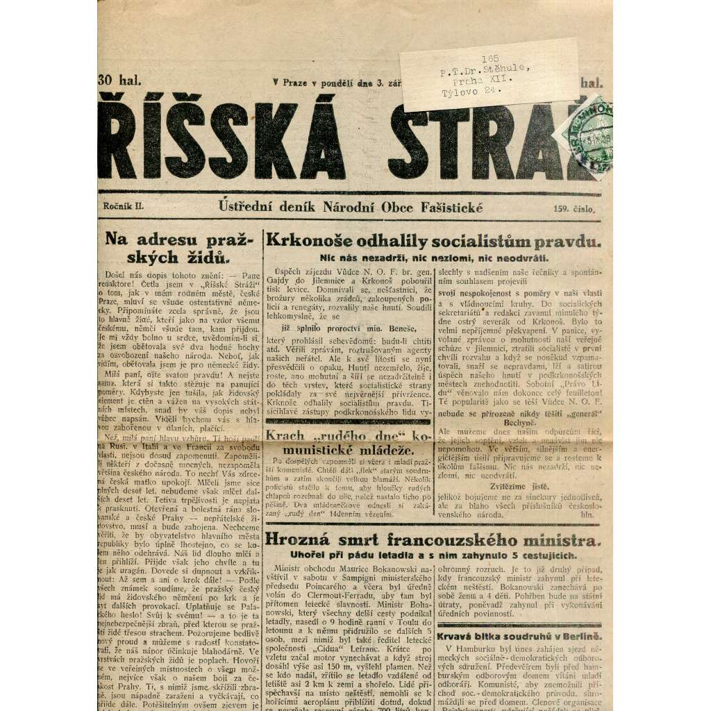 Říšská stráž (3.9.1928) Ústřední deník Národní obce fašistické (staré noviny, fašisté, 1. republika)