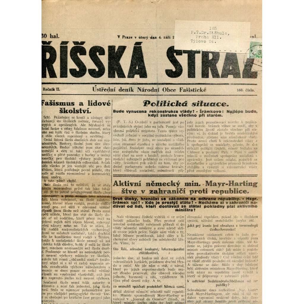 Říšská stráž (4.9.1928) Ústřední deník Národní obce fašistické (staré noviny, fašisté, 1. republika)