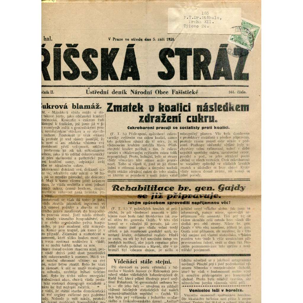 Říšská stráž (5.9.1928) Ústřední deník Národní obce fašistické (staré noviny, fašisté, 1. republika)