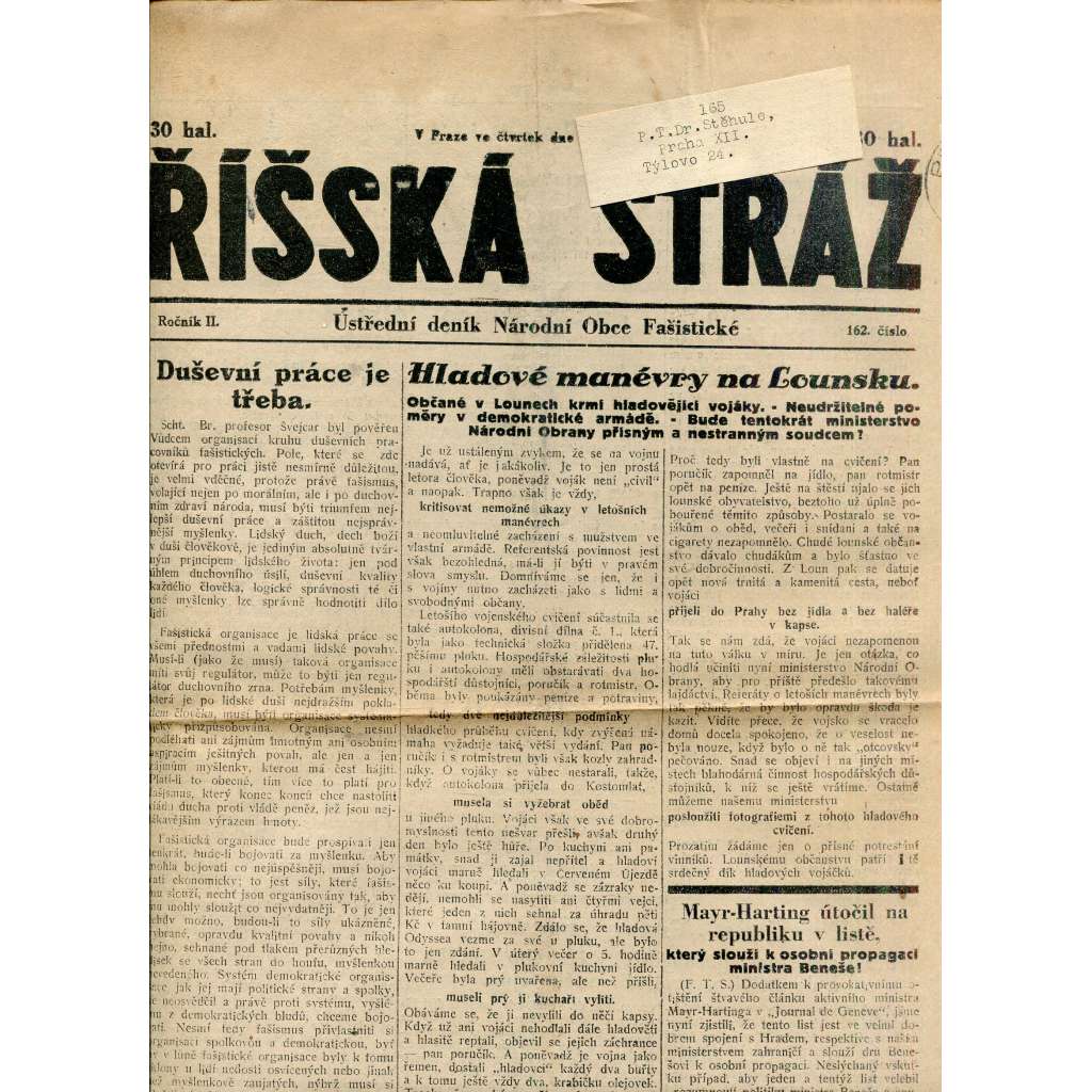 Říšská stráž (6.9.1928) Ústřední deník Národní obce fašistické (staré noviny, fašisté, 1. republika)