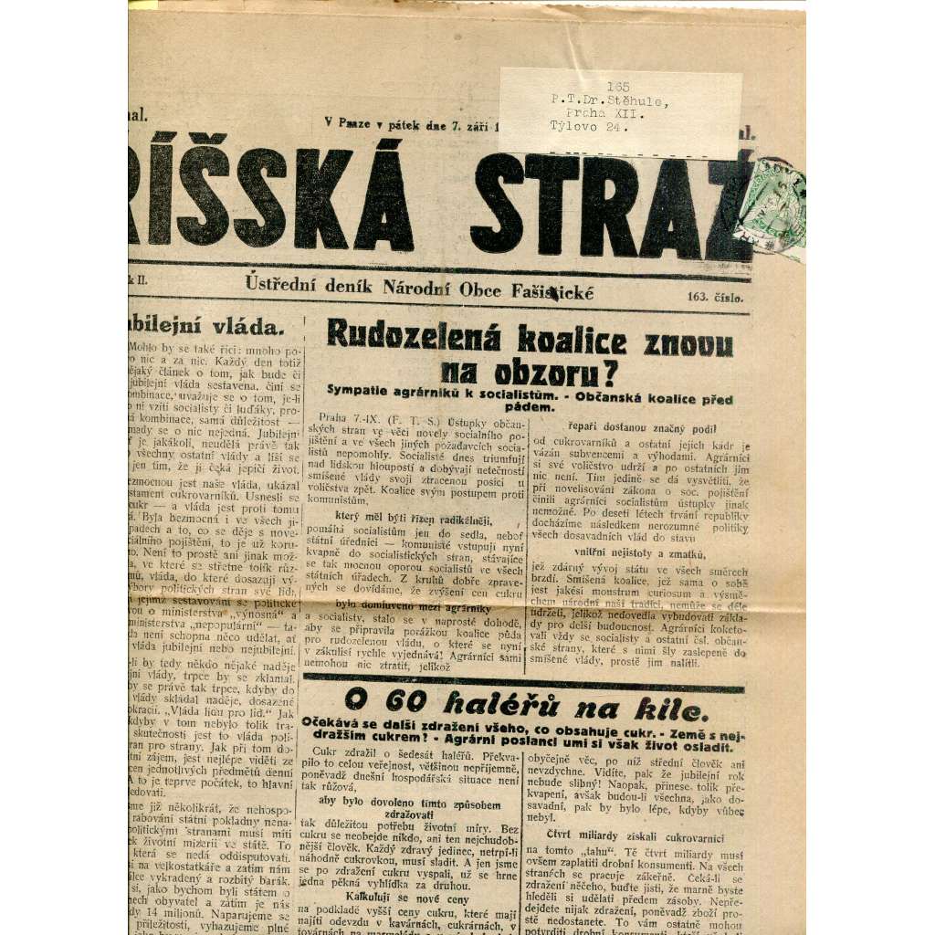 Říšská stráž (7.9.1928) Ústřední deník Národní obce fašistické (staré noviny, fašisté, 1. republika)