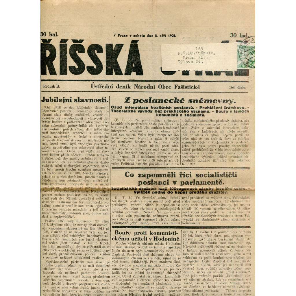 Říšská stráž (8.9.1928) Ústřední deník Národní obce fašistické (staré noviny, fašisté, 1. republika)