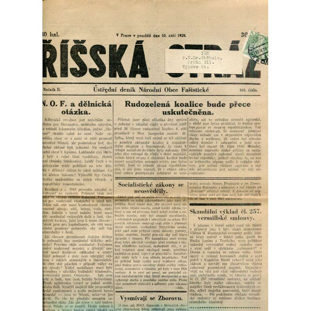 Říšská stráž (10.9.1928) Ústřední deník Národní obce fašistické (staré noviny, fašisté, 1. republika)