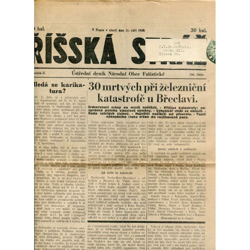 Říšská stráž (11.9.1928) Ústřední deník Národní obce fašistické (staré noviny, fašisté, 1. republika)