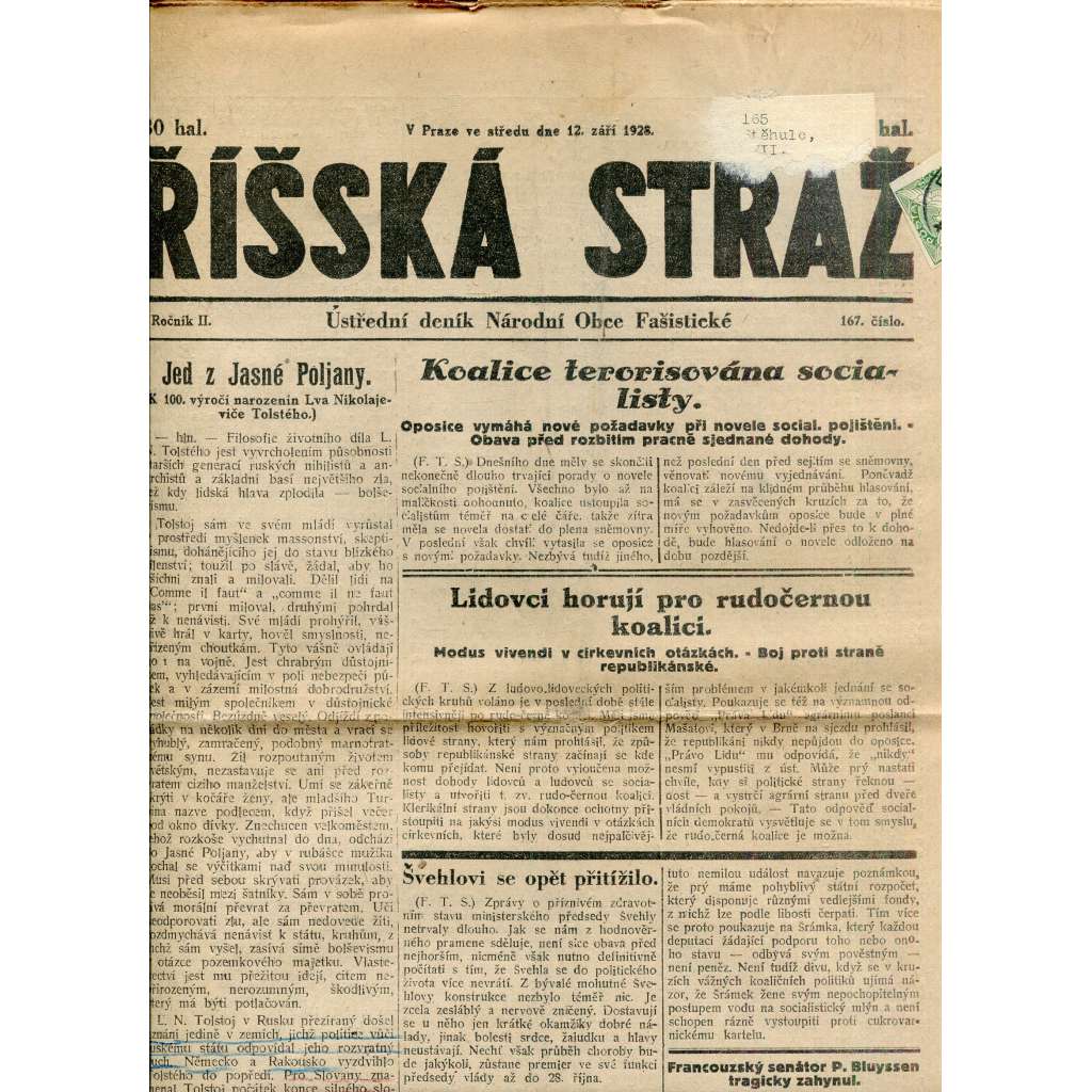 Říšská stráž (12.9.1928) Ústřední deník Národní obce fašistické (staré noviny, fašisté, 1. republika)