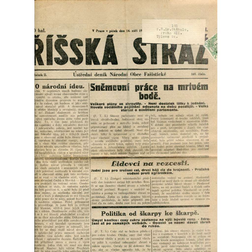 Říšská stráž (14.9.1928) Ústřední deník Národní obce fašistické (staré noviny, fašisté, 1. republika)