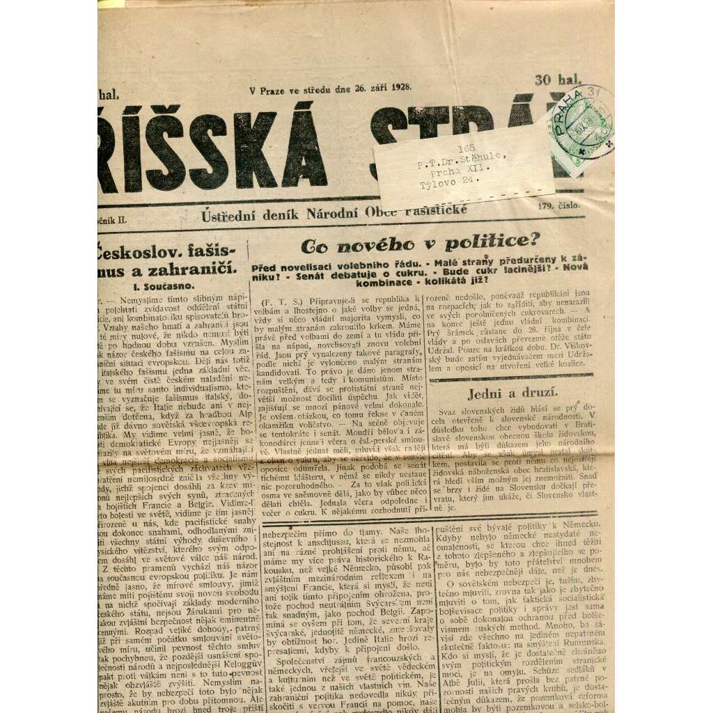 Říšská stráž (26.9.1928) Ústřední deník Národní obce fašistické (staré noviny, fašisté, 1. republika)