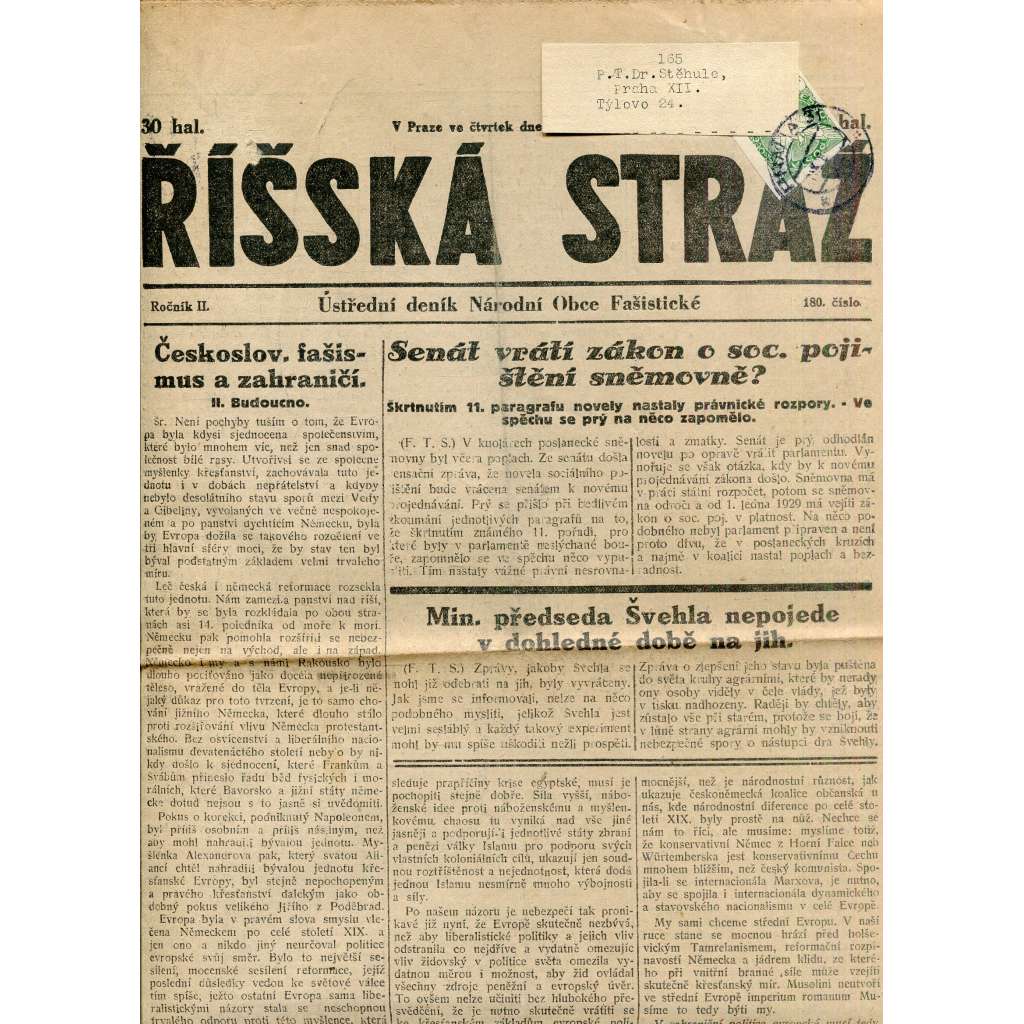 Říšská stráž (27.9.1928) Ústřední deník Národní obce fašistické (staré noviny, fašisté, 1. republika)