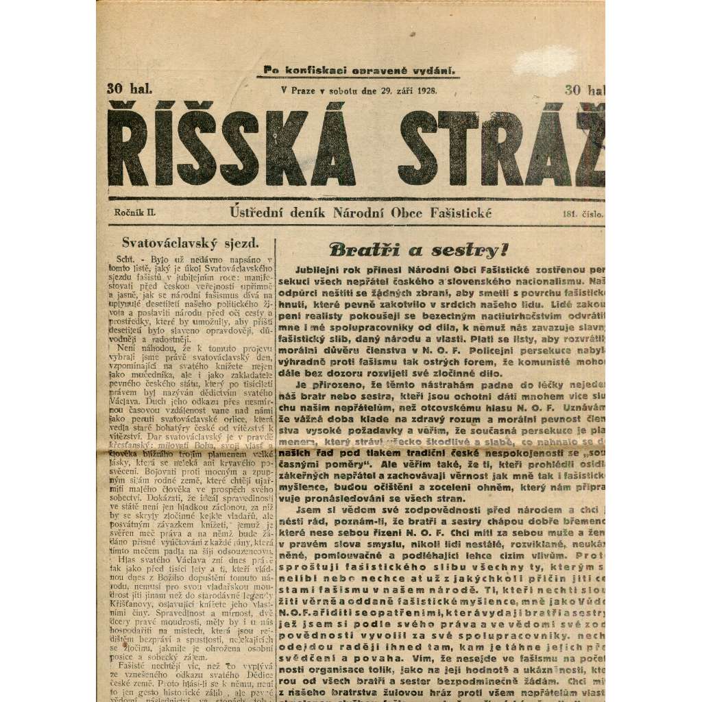 Říšská stráž (29.9.1928) Ústřední deník Národní obce fašistické (staré noviny, fašisté, 1. republika)