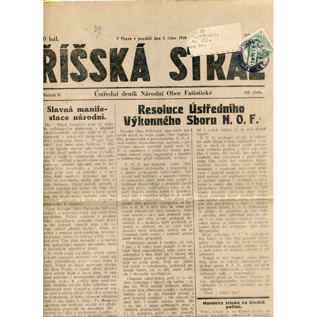 Říšská stráž (1.10.1928) Ústřední deník Národní obce fašistické (staré noviny, fašisté, 1. republika)