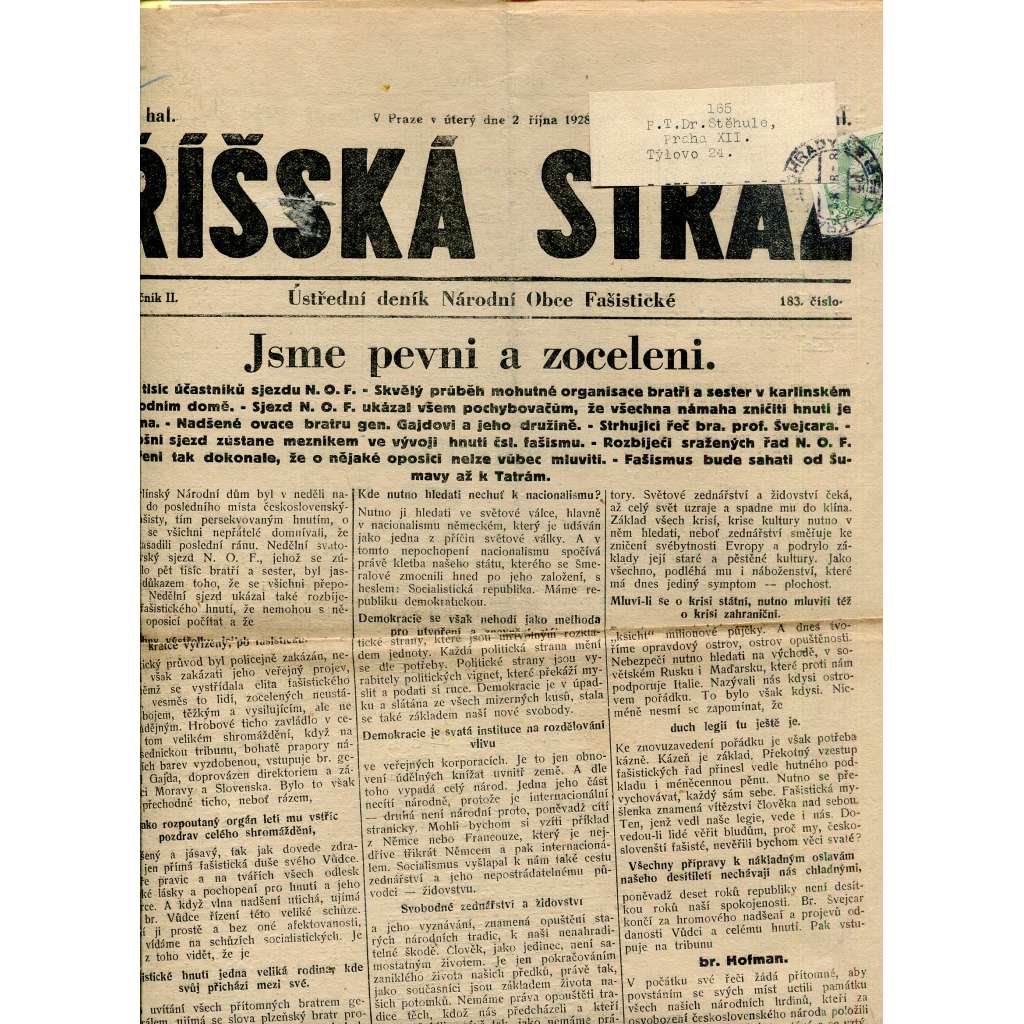 Říšská stráž (2.10.1928) Ústřední deník Národní obce fašistické (staré noviny, fašisté, 1. republika)