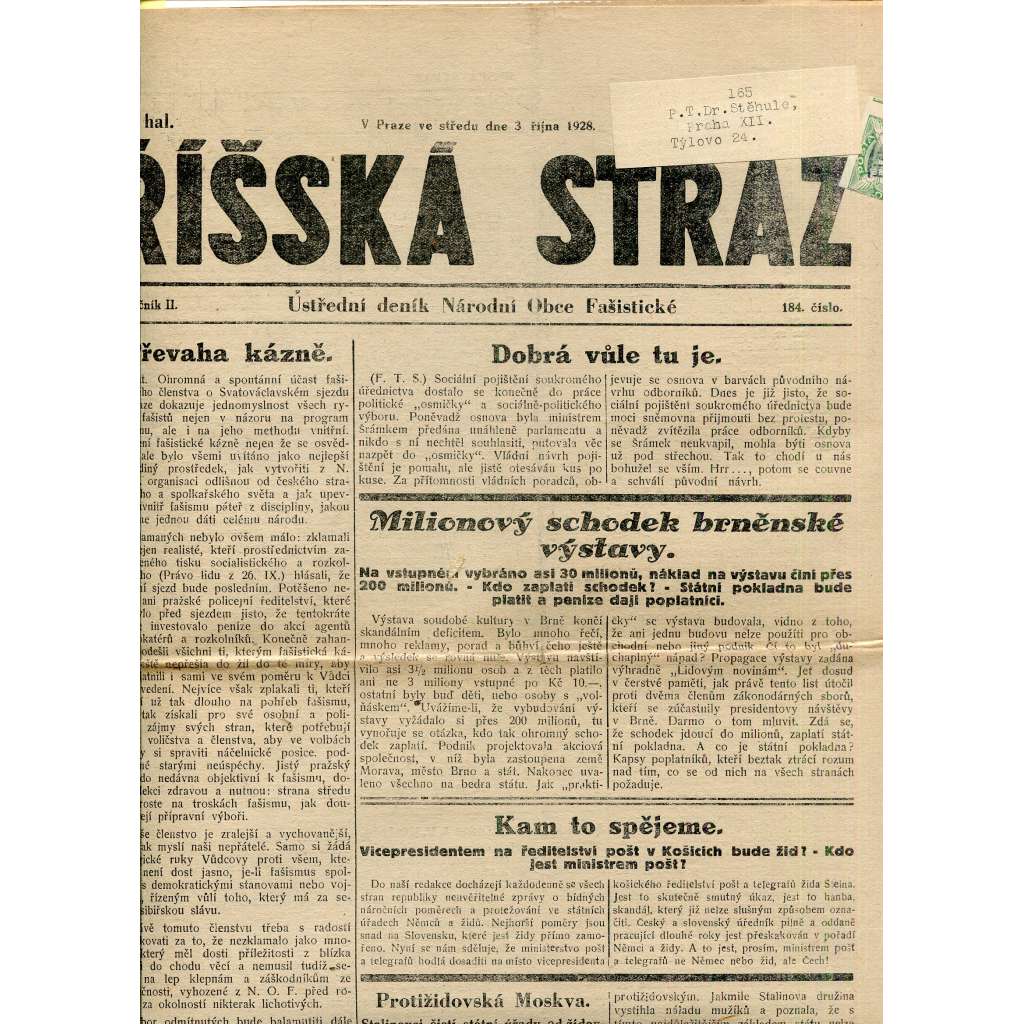 Říšská stráž (3.10.1928) Ústřední deník Národní obce fašistické (staré noviny, fašisté, 1. republika)