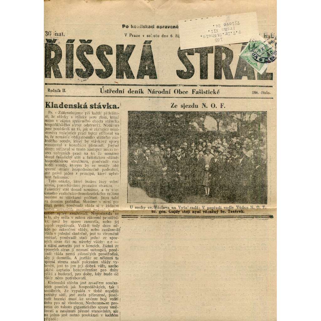 Říšská stráž (6.10.1928) Ústřední deník Národní obce fašistické (staré noviny, fašisté, 1. republika)