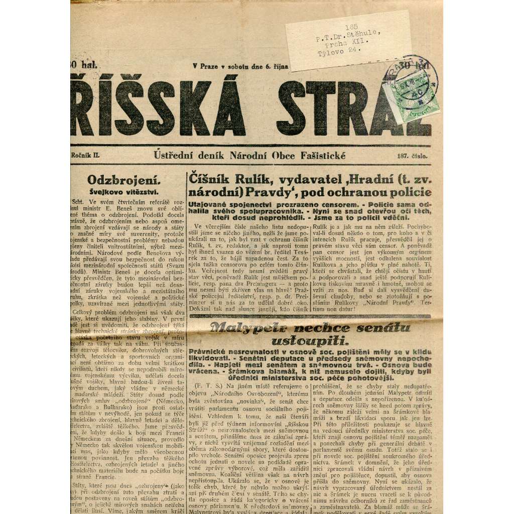 Říšská stráž (6.10.1928) Ústřední deník Národní obce fašistické (staré noviny, fašisté, 1. republika)