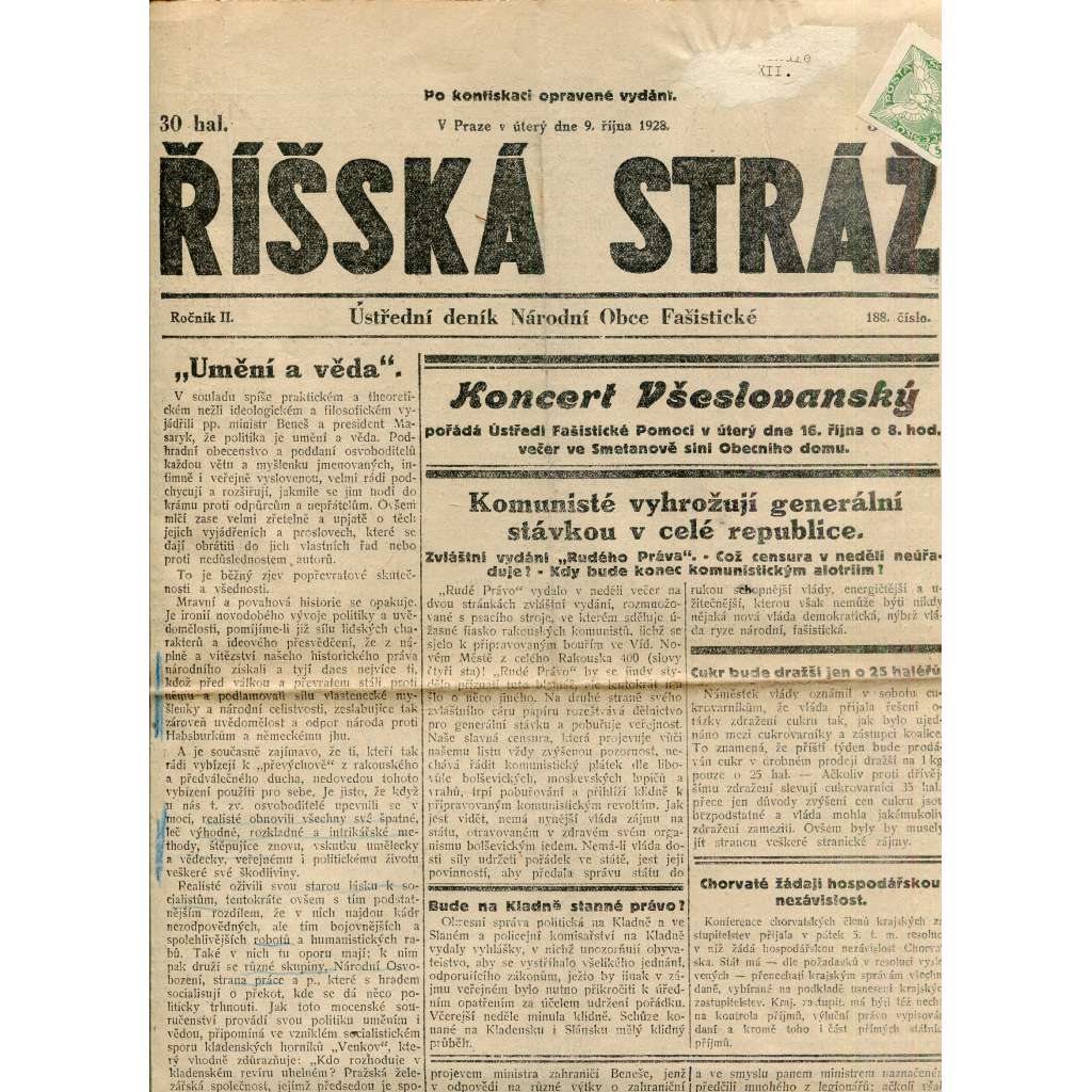 Říšská stráž (9.10.1928) Ústřední deník Národní obce fašistické (staré noviny, fašisté, 1. republika)