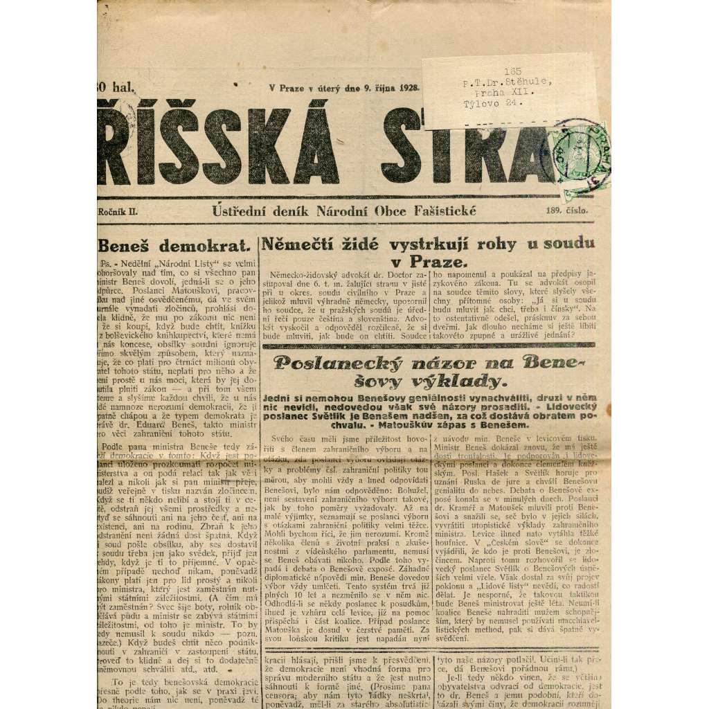 Říšská stráž (9.10.1928) Ústřední deník Národní obce fašistické (staré noviny, fašisté, 1. republika)
