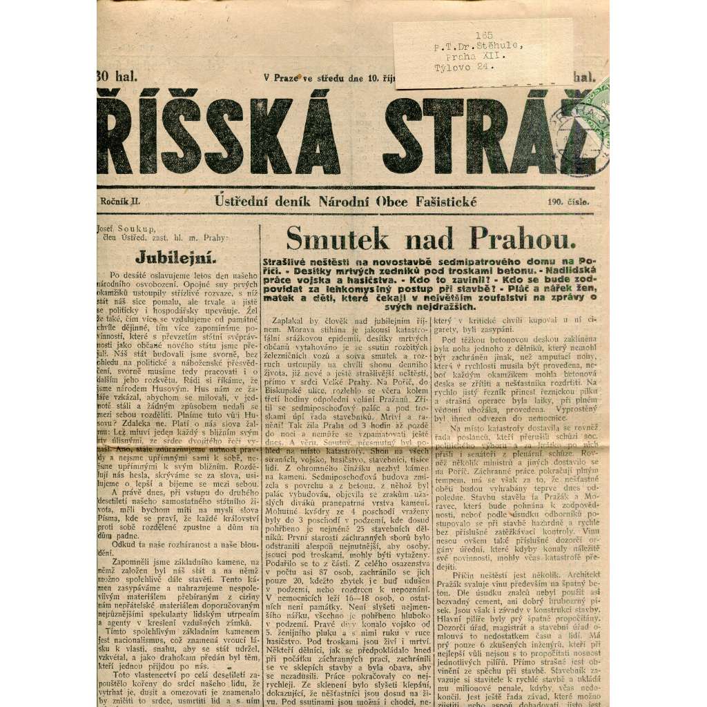 Říšská stráž (10.10.1928) Ústřední deník Národní obce fašistické (staré noviny, fašisté, 1. republika)