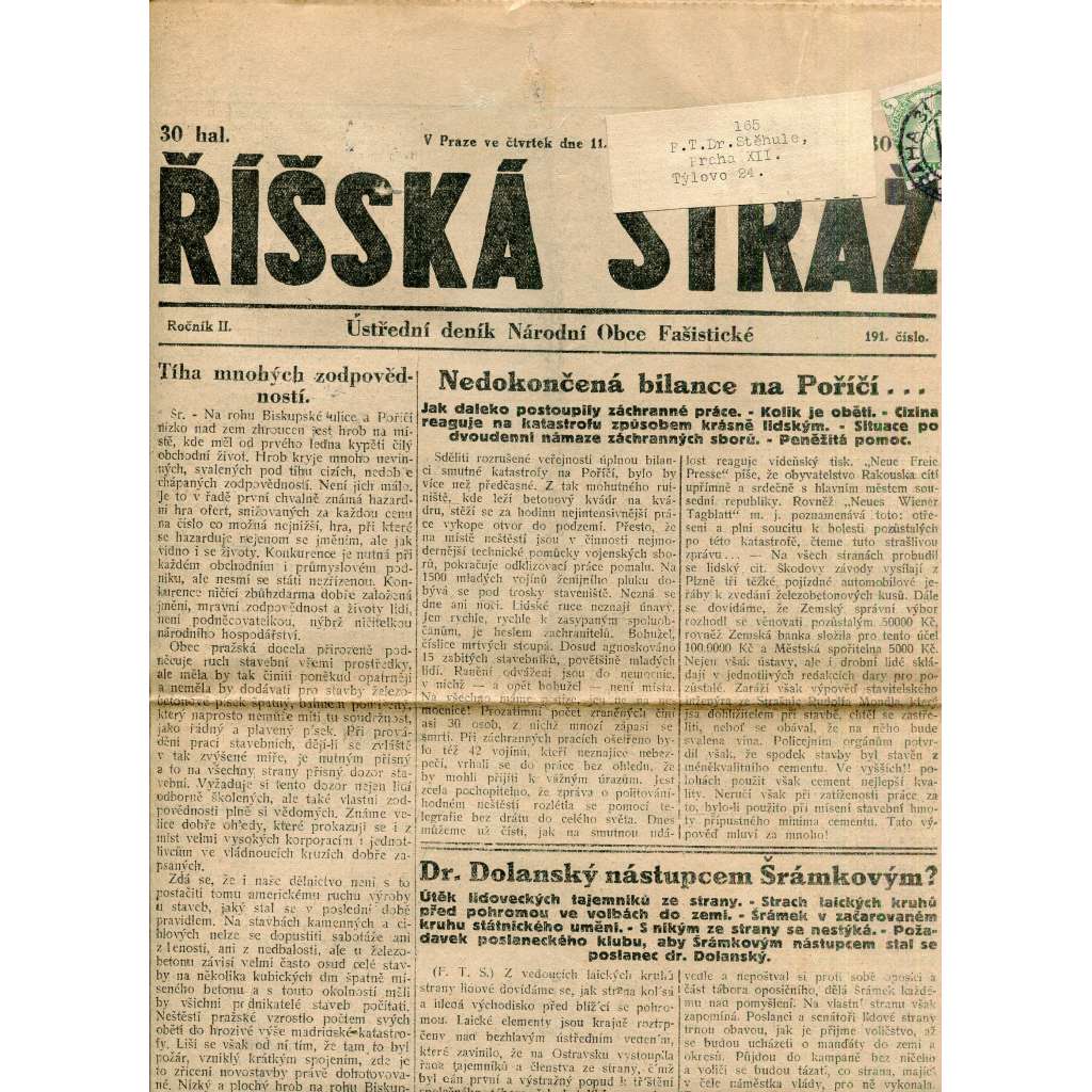 Říšská stráž (11.10.1928) Ústřední deník Národní obce fašistické (staré noviny, fašisté, 1. republika)