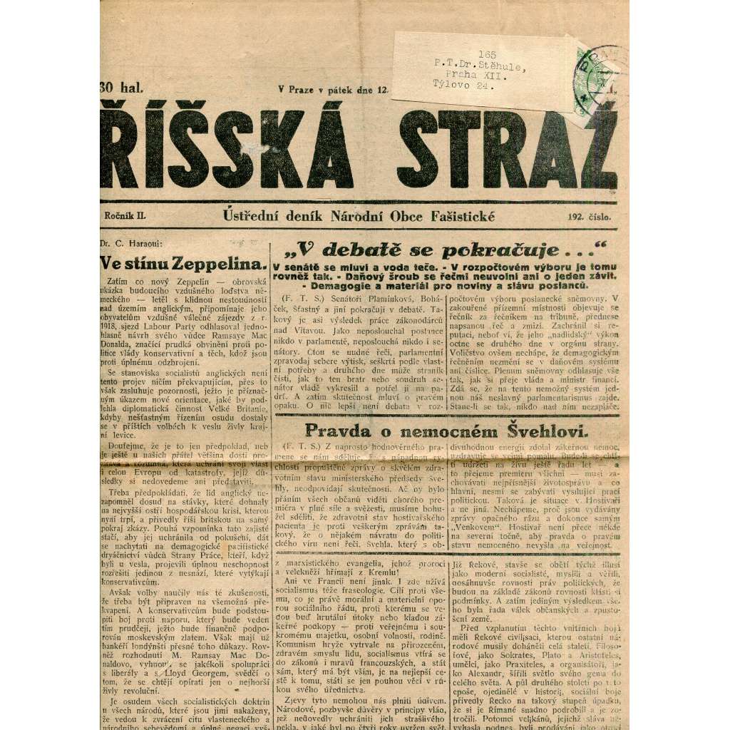 Říšská stráž (12.10.1928) Ústřední deník Národní obce fašistické (staré noviny, fašisté, 1. republika)