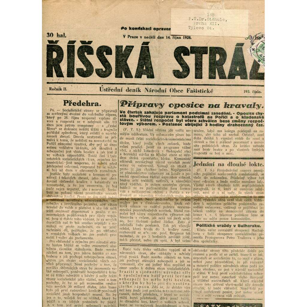 Říšská stráž (14.10.1928) Ústřední deník Národní obce fašistické (staré noviny, fašisté, 1. republika)