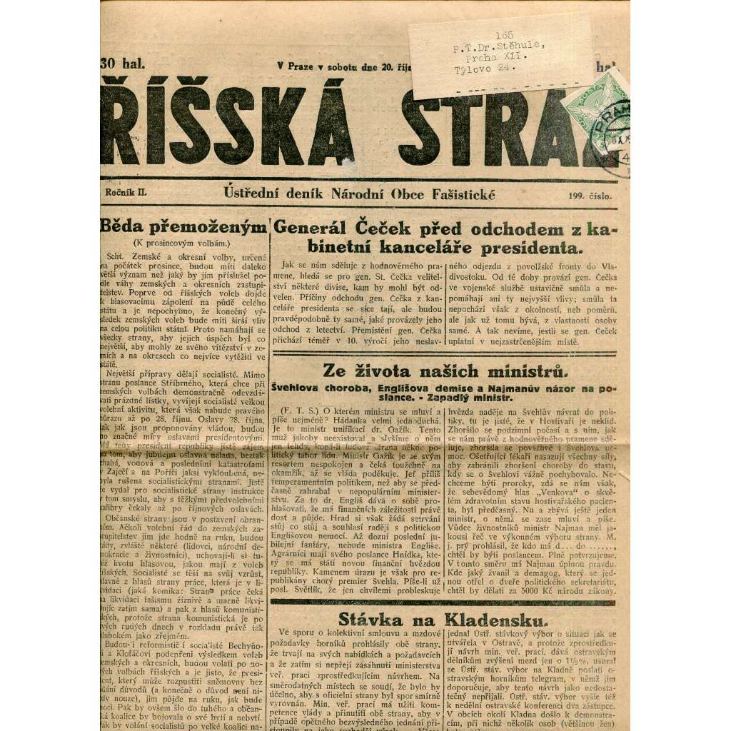 Říšská stráž (20.10.1928) Ústřední deník Národní obce fašistické (staré noviny, fašisté, 1. republika)