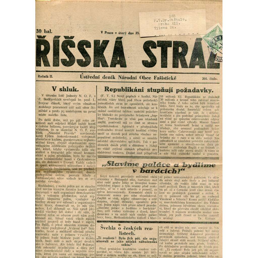 Říšská stráž (23.10.1928) Ústřední deník Národní obce fašistické (staré noviny, fašisté, 1. republika)