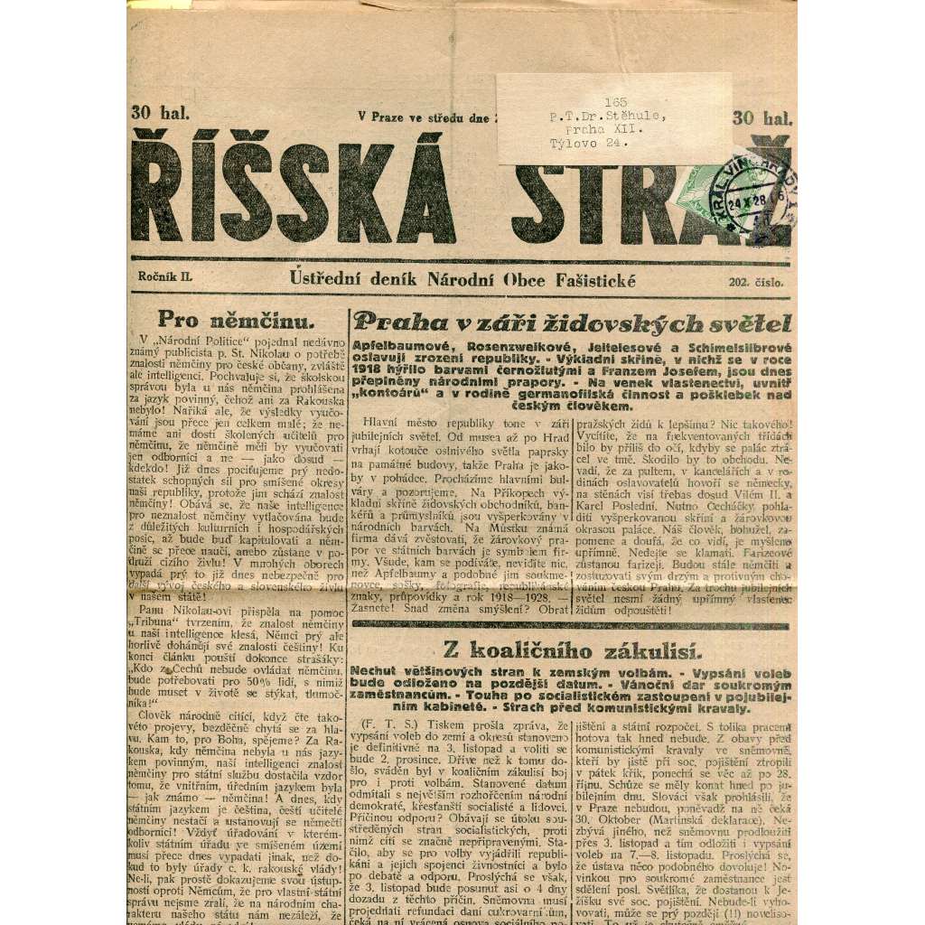 Říšská stráž (24.10.1928) Ústřední deník Národní obce fašistické (staré noviny, fašisté, 1. republika)