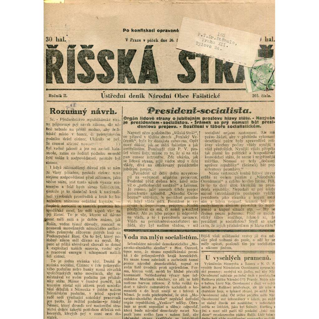 Říšská stráž (26.10.1928) Ústřední deník Národní obce fašistické (staré noviny, fašisté, 1. republika)