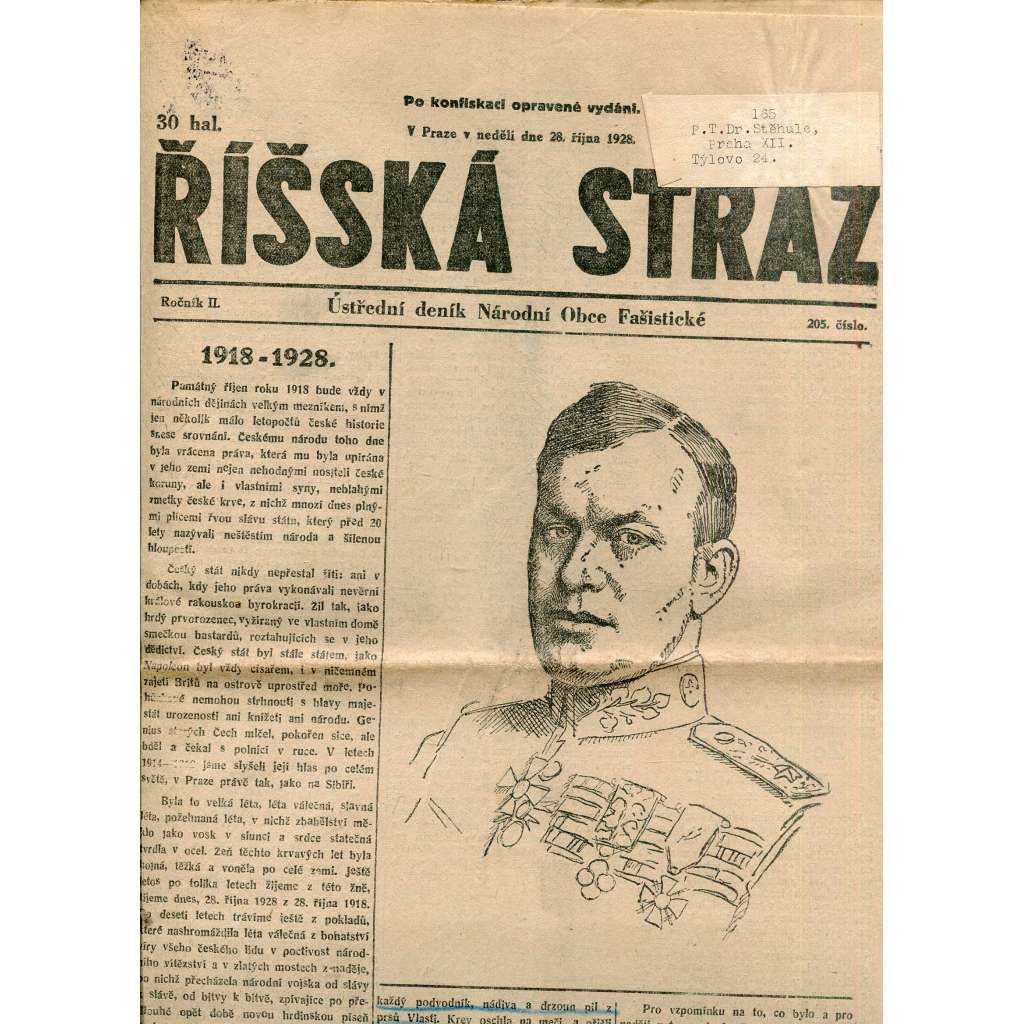 Říšská stráž (28.10.1928) Ústřední deník Národní obce fašistické (staré noviny, fašisté, 1. republika)