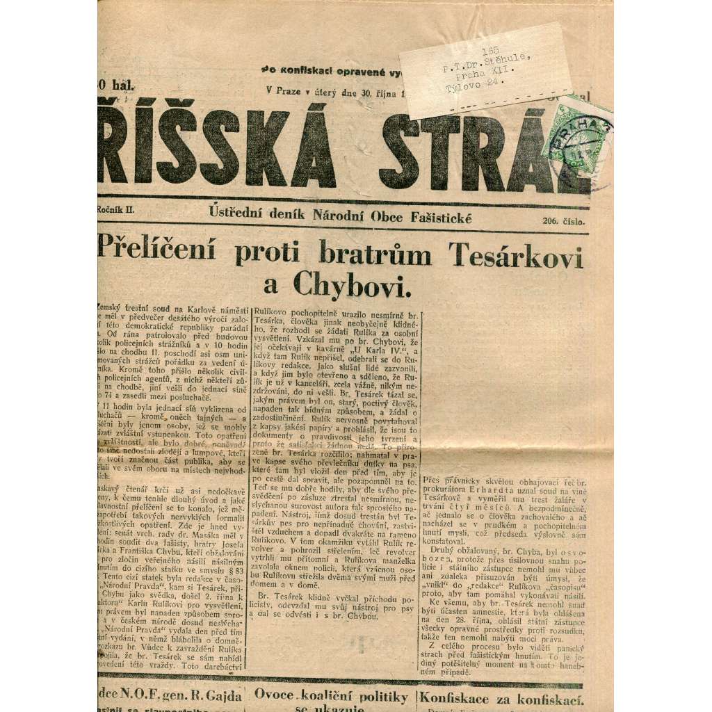 Říšská stráž (30.10.1928) Ústřední deník Národní obce fašistické (staré noviny, fašisté, 1. republika)