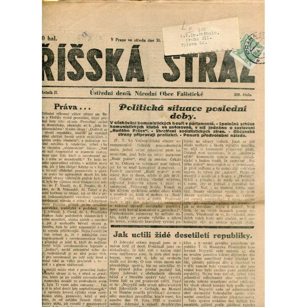 Říšská stráž (31.10.1928) Ústřední deník Národní obce fašistické (staré noviny, fašisté, 1. republika)