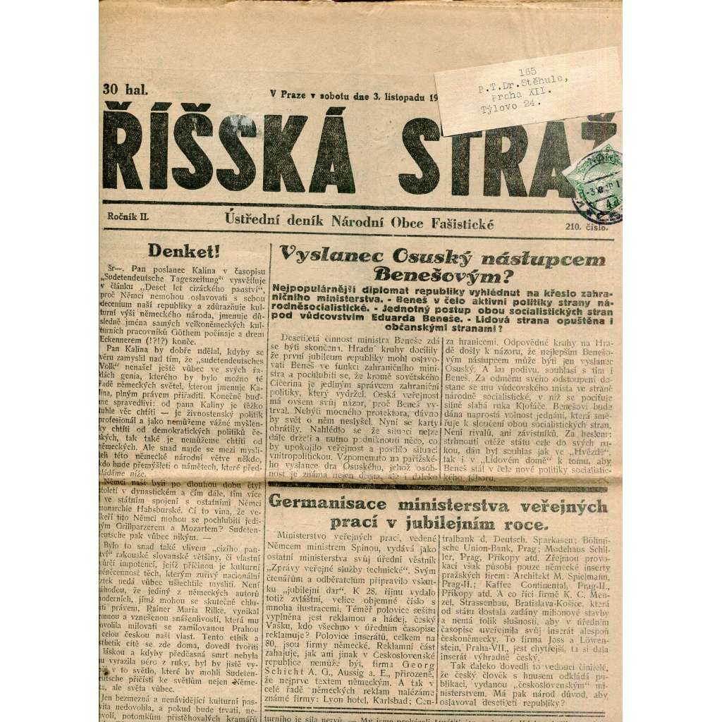 Říšská stráž (3.11.1928) Ústřední deník Národní obce fašistické (staré noviny, fašisté, 1. republika)