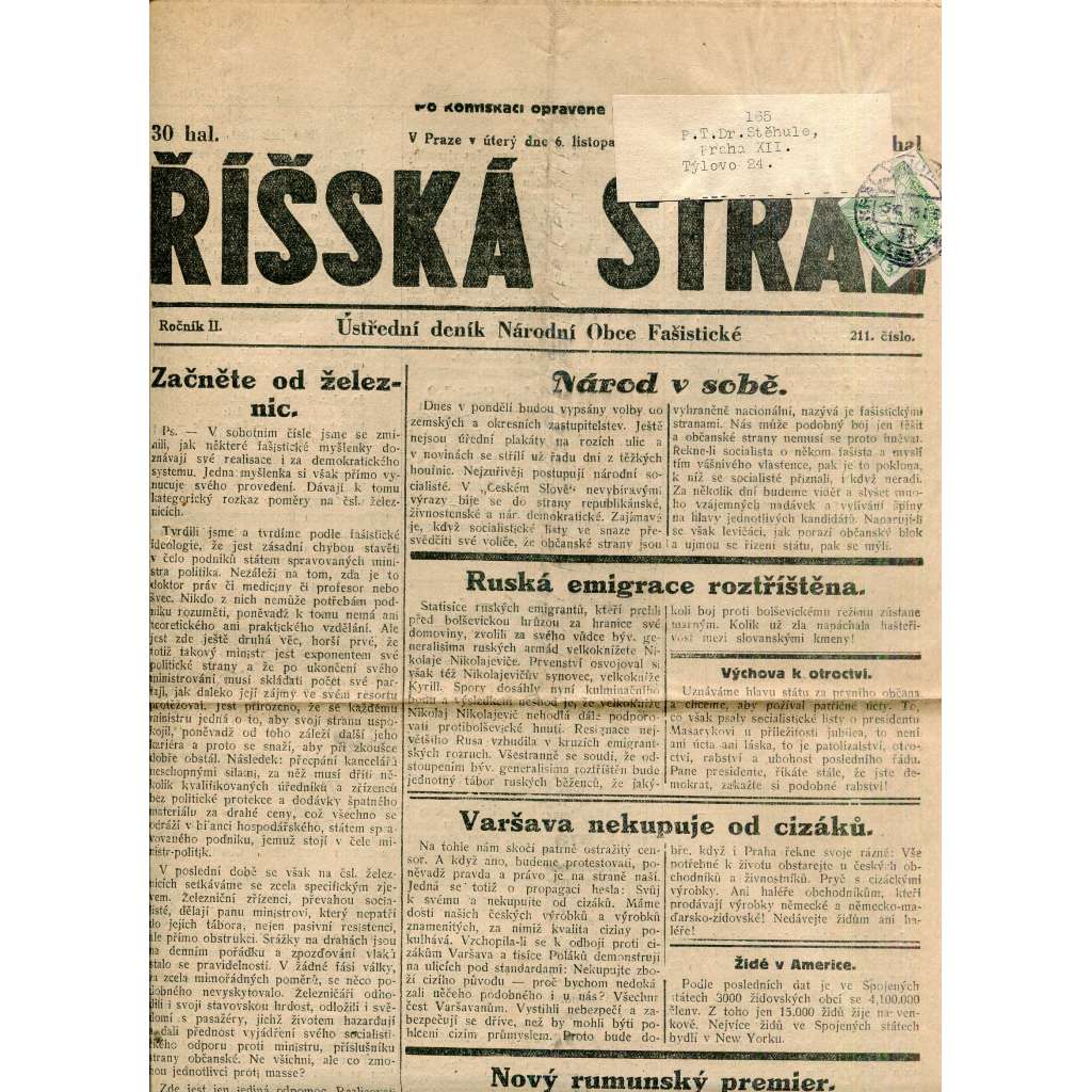 Říšská stráž (6.11.1928) Ústřední deník Národní obce fašistické (staré noviny, fašisté, 1. republika)