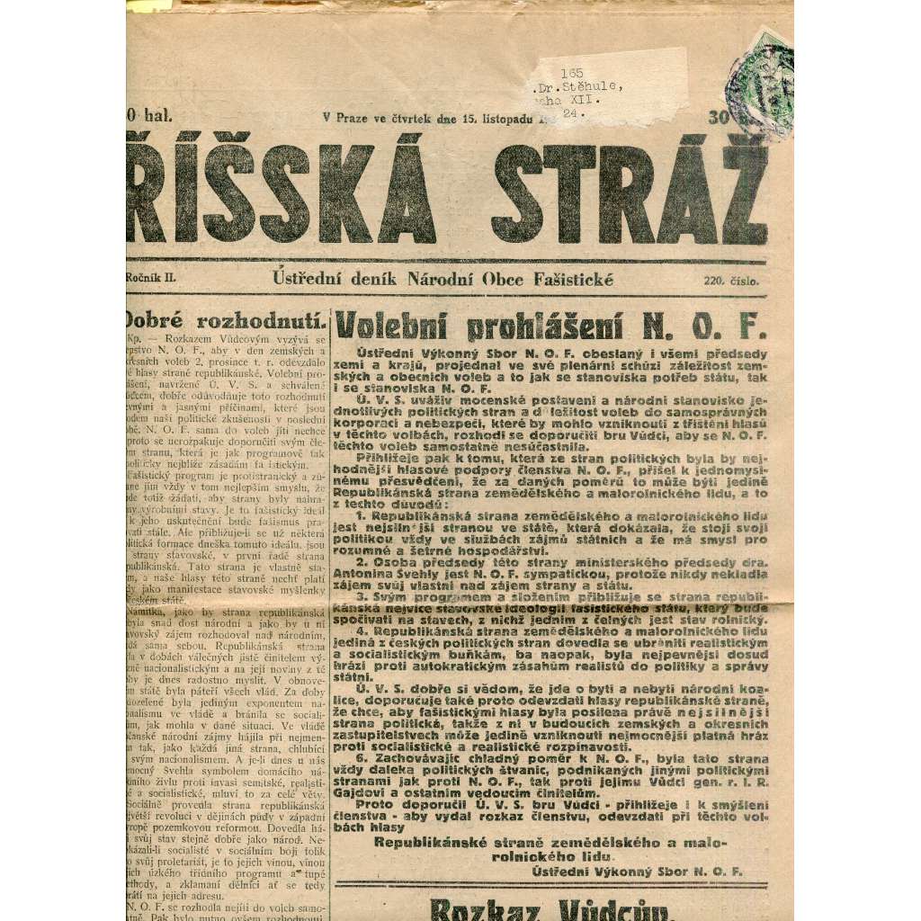 Říšská stráž (15.11.1928) Ústřední deník Národní obce fašistické (staré noviny, fašisté, 1. republika)