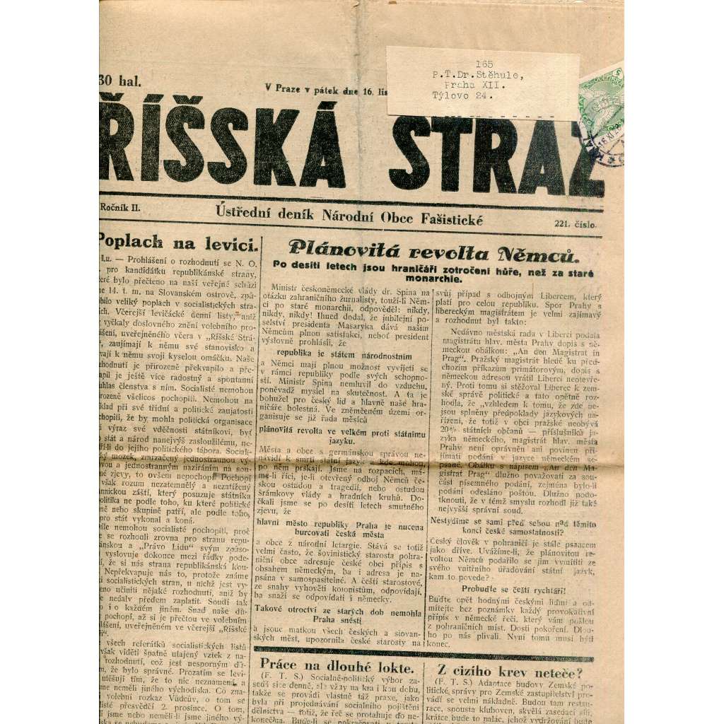 Říšská stráž (16.11.1928) Ústřední deník Národní obce fašistické (staré noviny, fašisté, 1. republika)