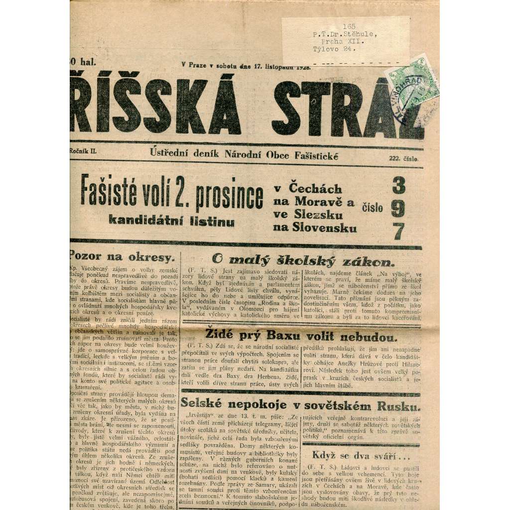Říšská stráž (17.11.1928) Ústřední deník Národní obce fašistické (staré noviny, fašisté, 1. republika)